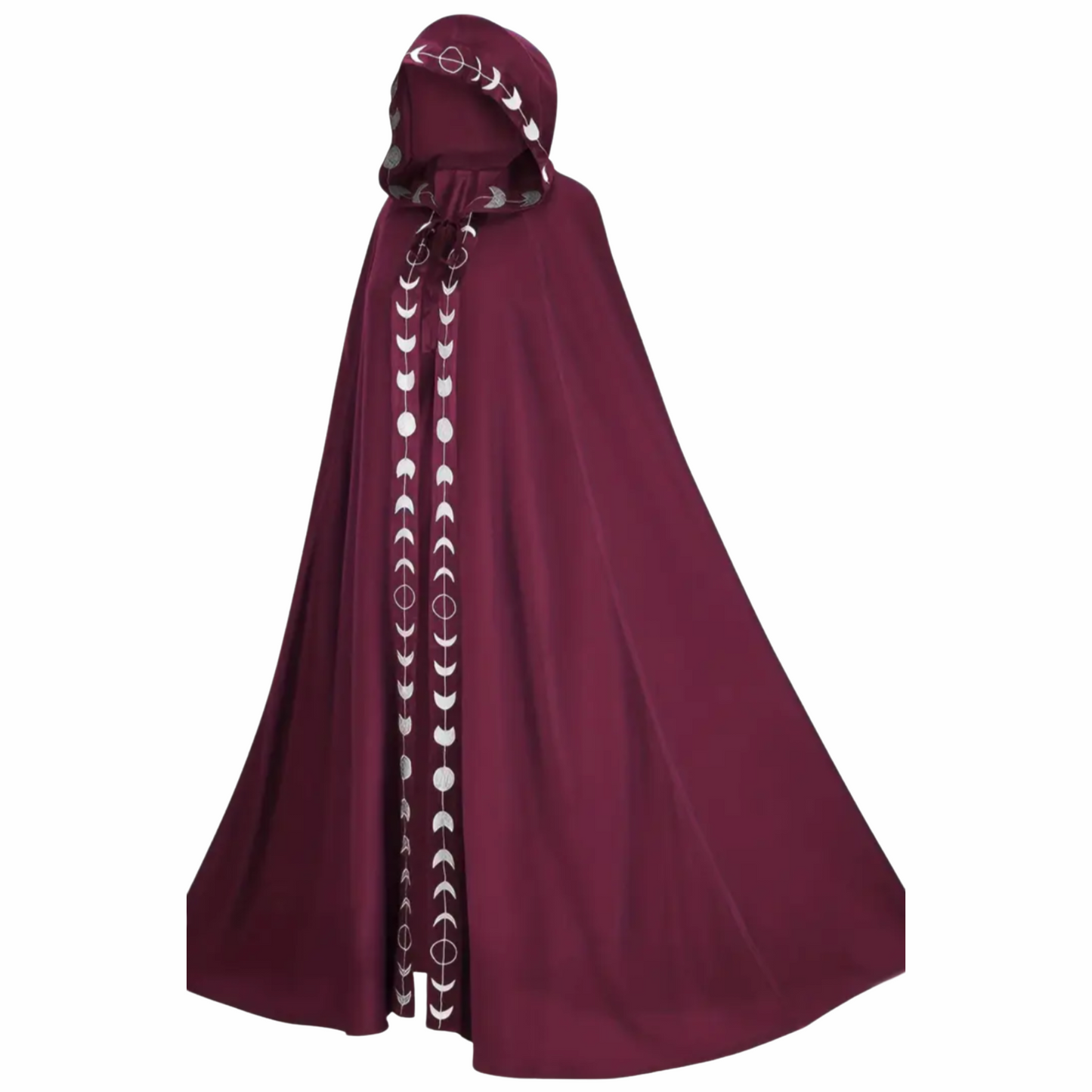 Crimson red hooded cloak with moon phase print lining.