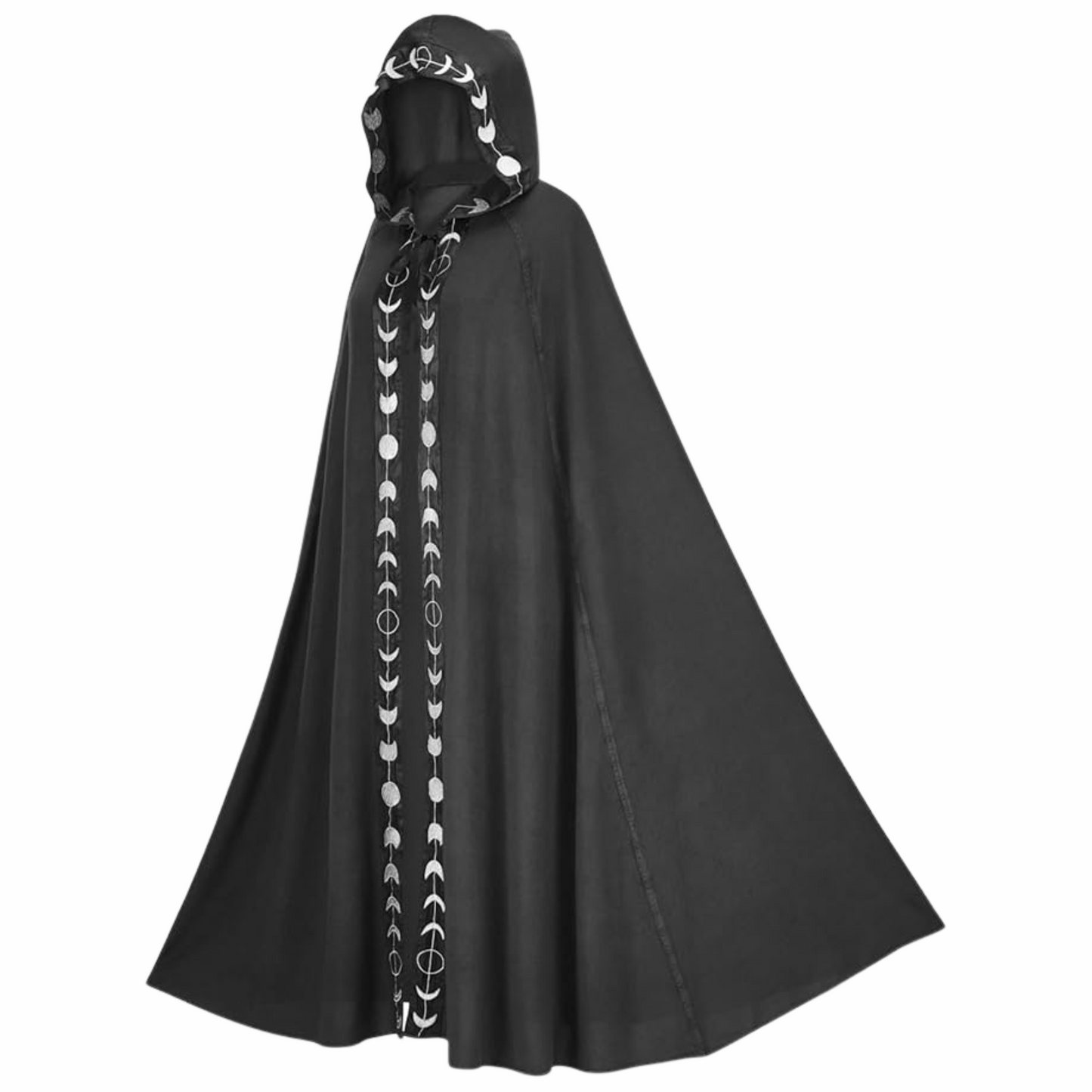 Midnight black hooded cloak with moon phase print lining.