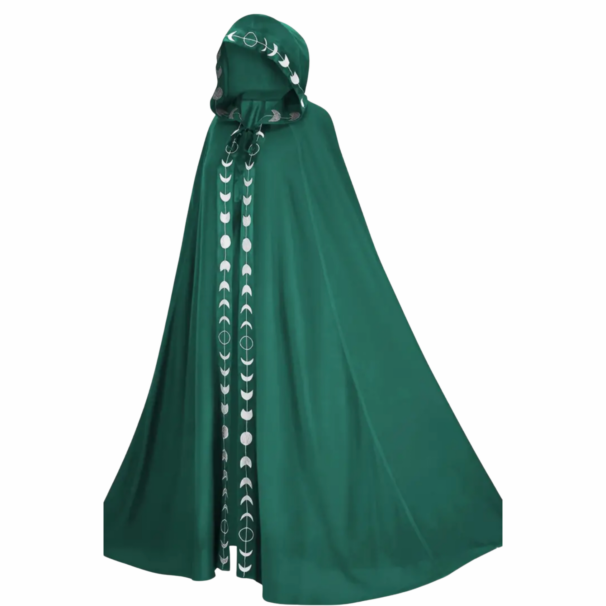 Emerald green hooded cloak with moon phase print lining.