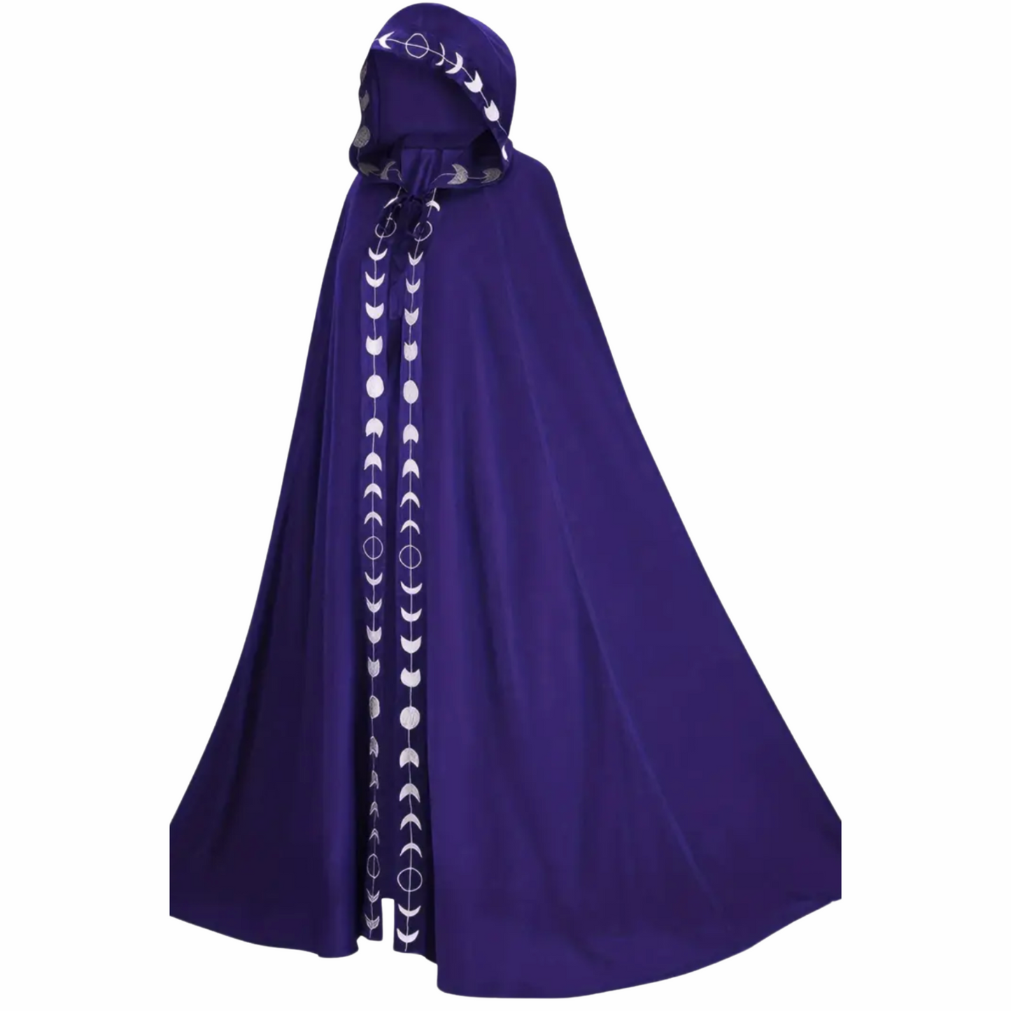 Violet purple hooded cloak with moon phase print lining.