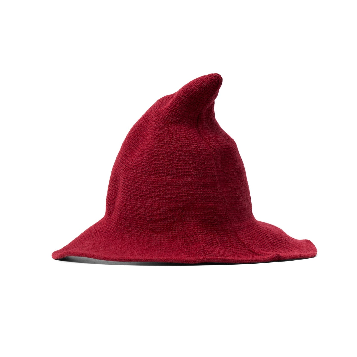 Red pointed witch hat shaped with curled brim